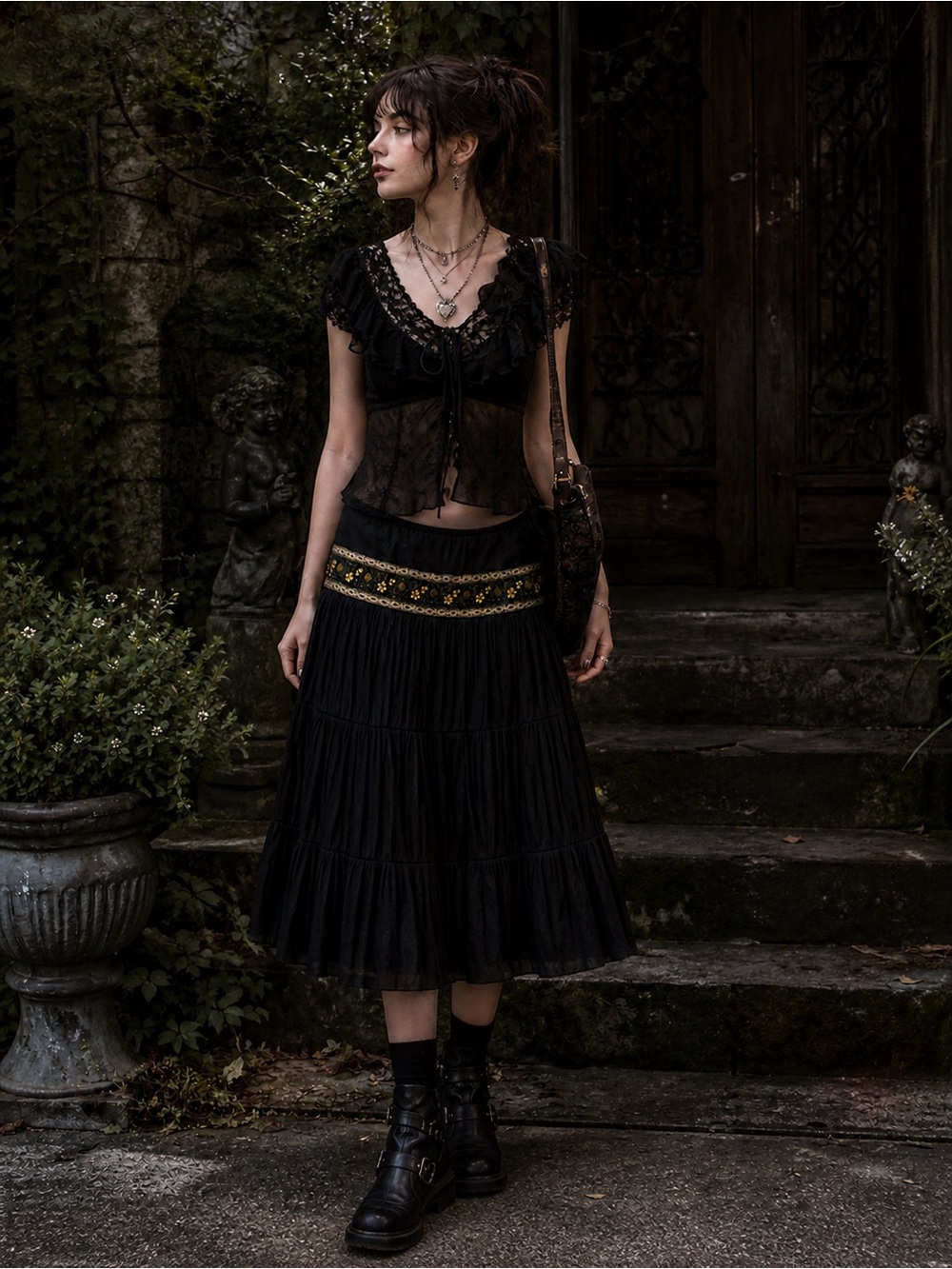 Elegant Black Sequin Embroidered Embellished Skirt Whimsygoth goth vampire witch